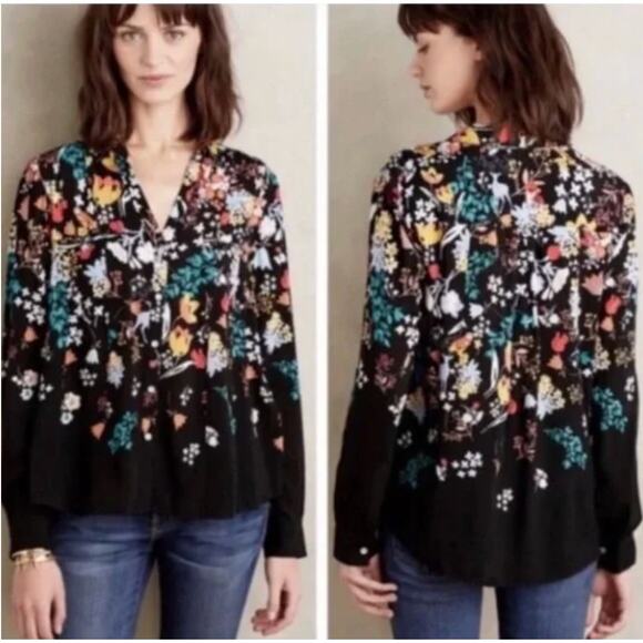 Maeve by Anthropologie Tops - MAEVE Anthropologie Floral Woodland Friends Blouse 0 Rayon Animal Flowy Black